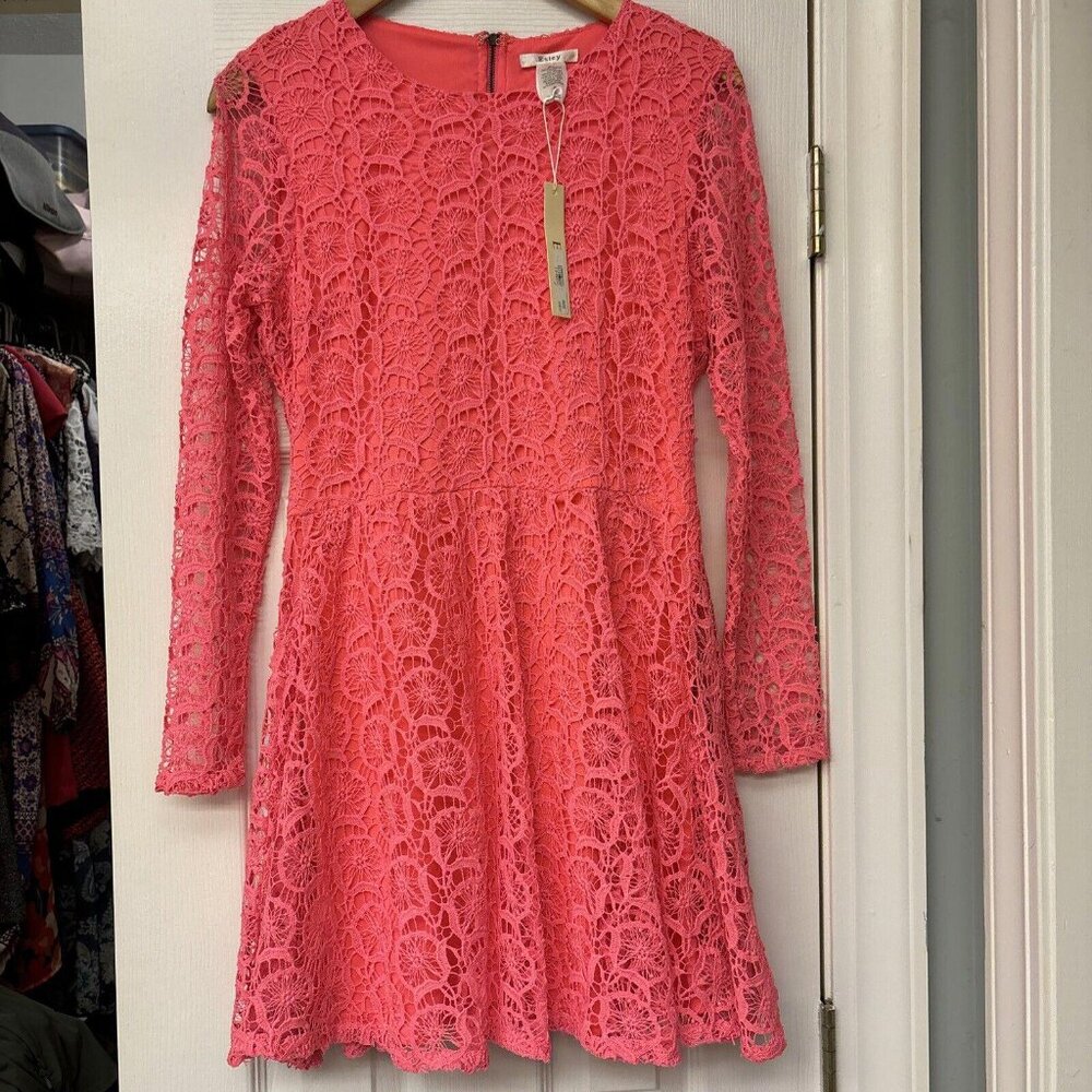 NWT  Esley Sheer Long Sleeve Hot Pink Lace/ Crochet Dress. Lined. $98.00. Sz. M